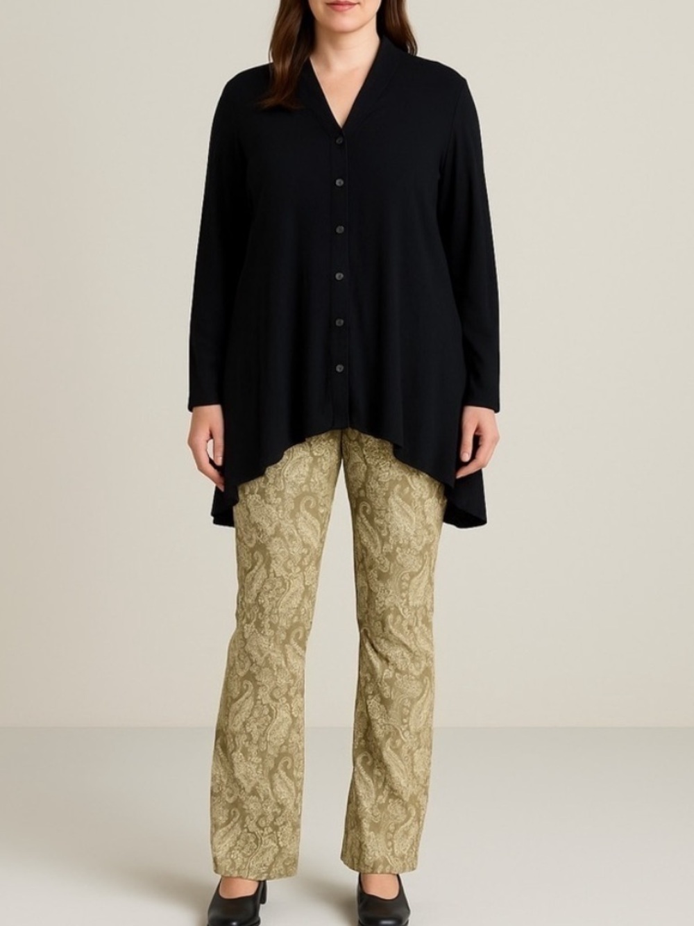 Stella Carakasi Long Sleeve Button Down Black Tunic Top Minimalist Lagenlook